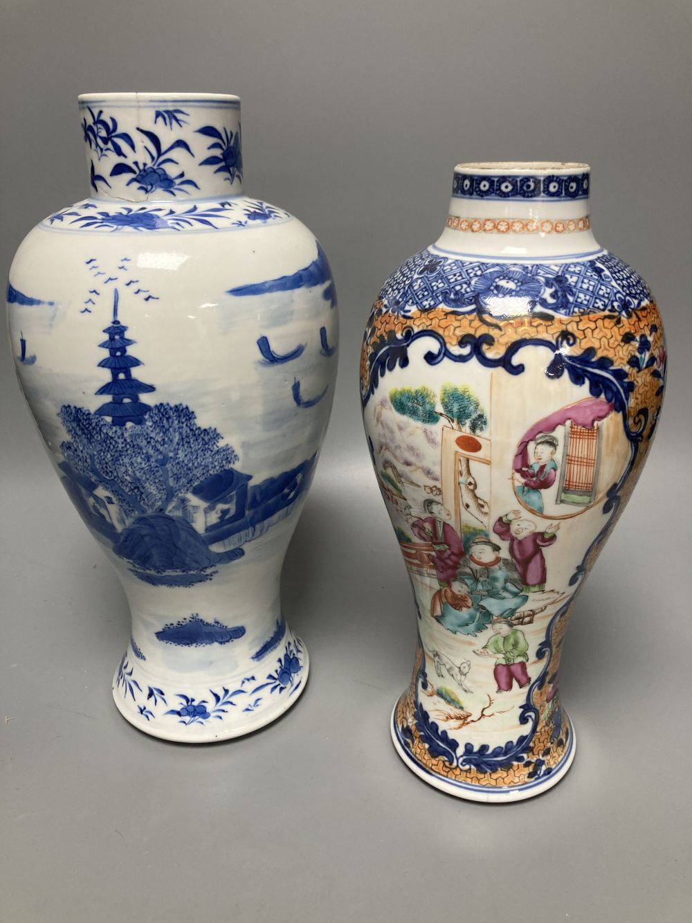 A Chinese Mandarin vases, Qianlong period and a late 19th century Chinese blue and white vase, tallest 29.5cm